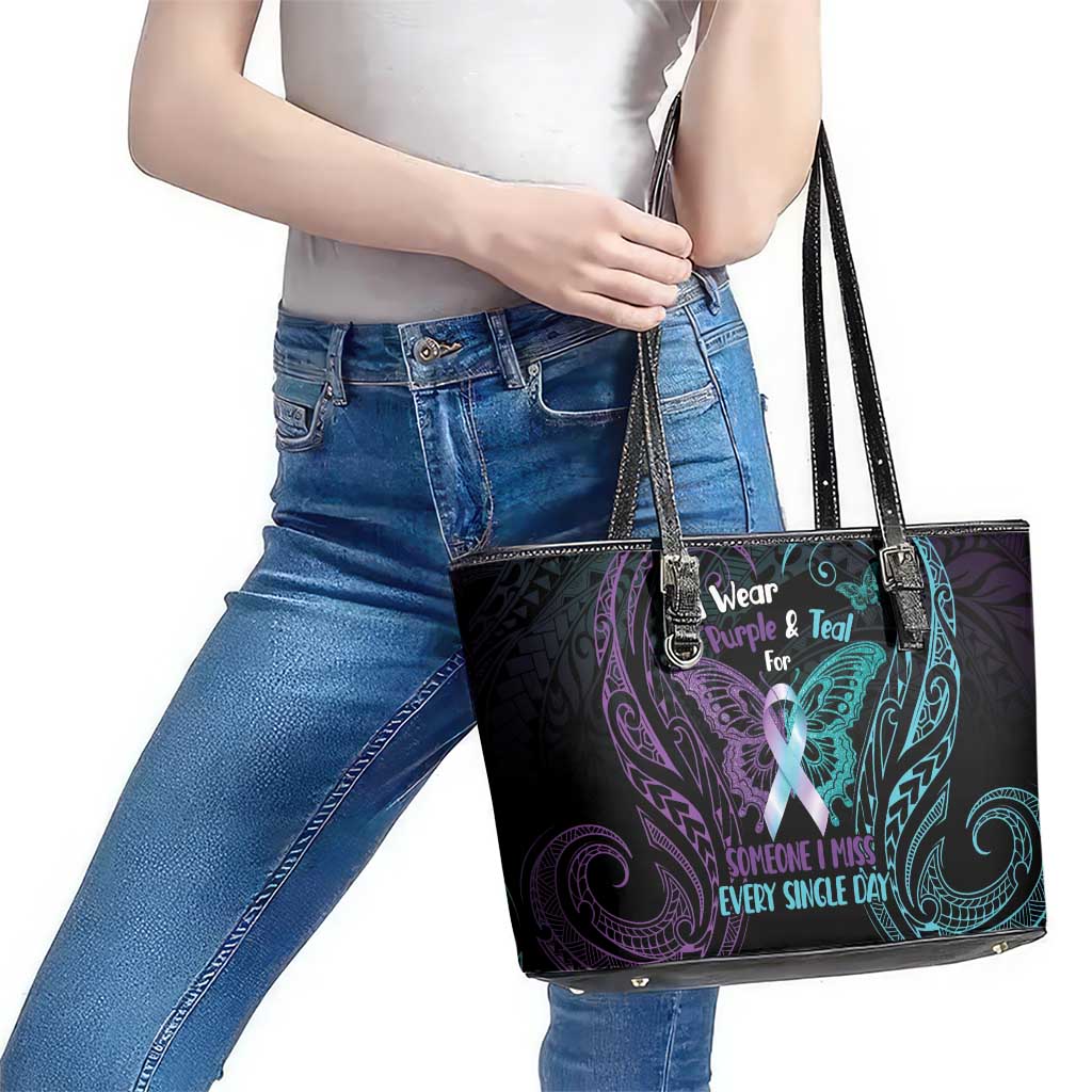 Suicide Awareness Memorial Leather Tote Bag I Wear Purple and Teal For Someone I Miss LT14 - Polynesian Pride