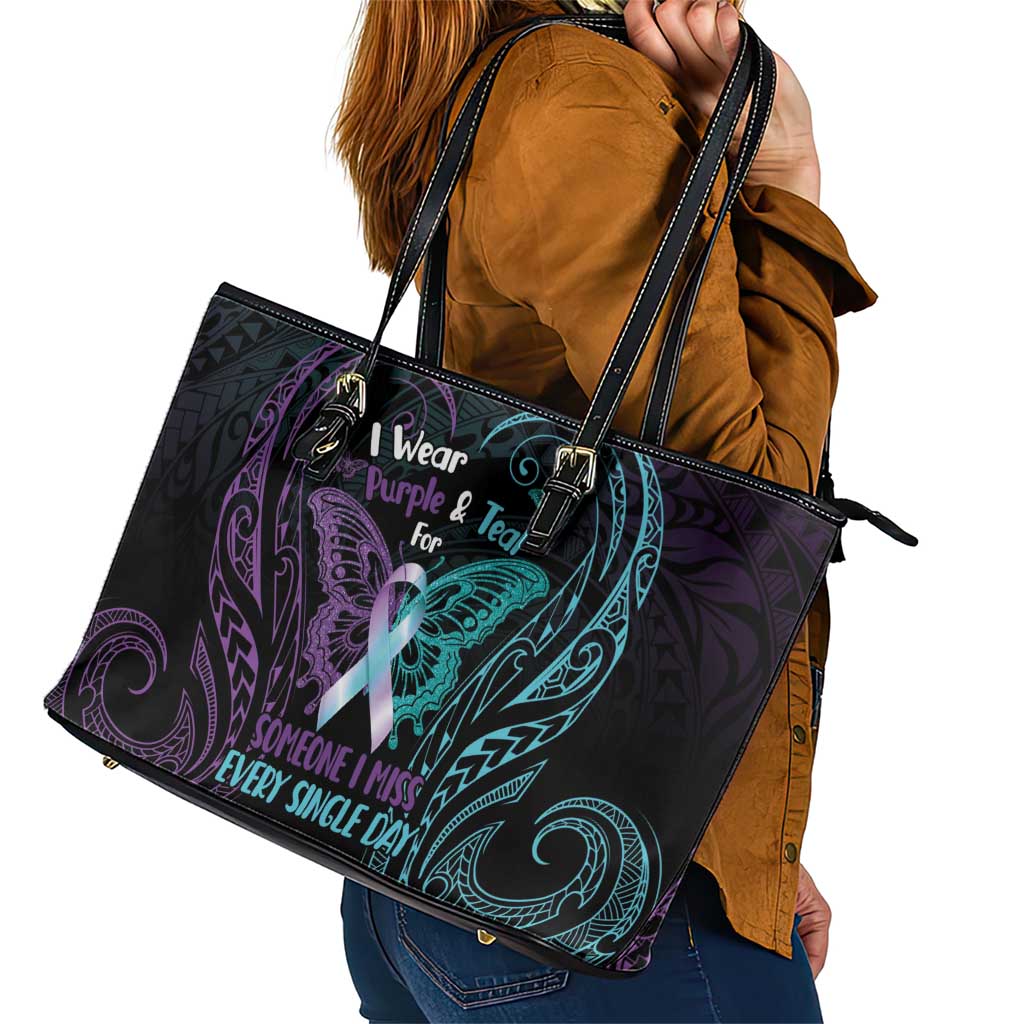 Suicide Awareness Memorial Leather Tote Bag I Wear Purple and Teal For Someone I Miss LT14 - Polynesian Pride