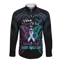Suicide Awareness Memorial Long Sleeve Button Shirt I Wear Purple and Teal For Someone I Miss LT14 Unisex Black - Polynesian Pride