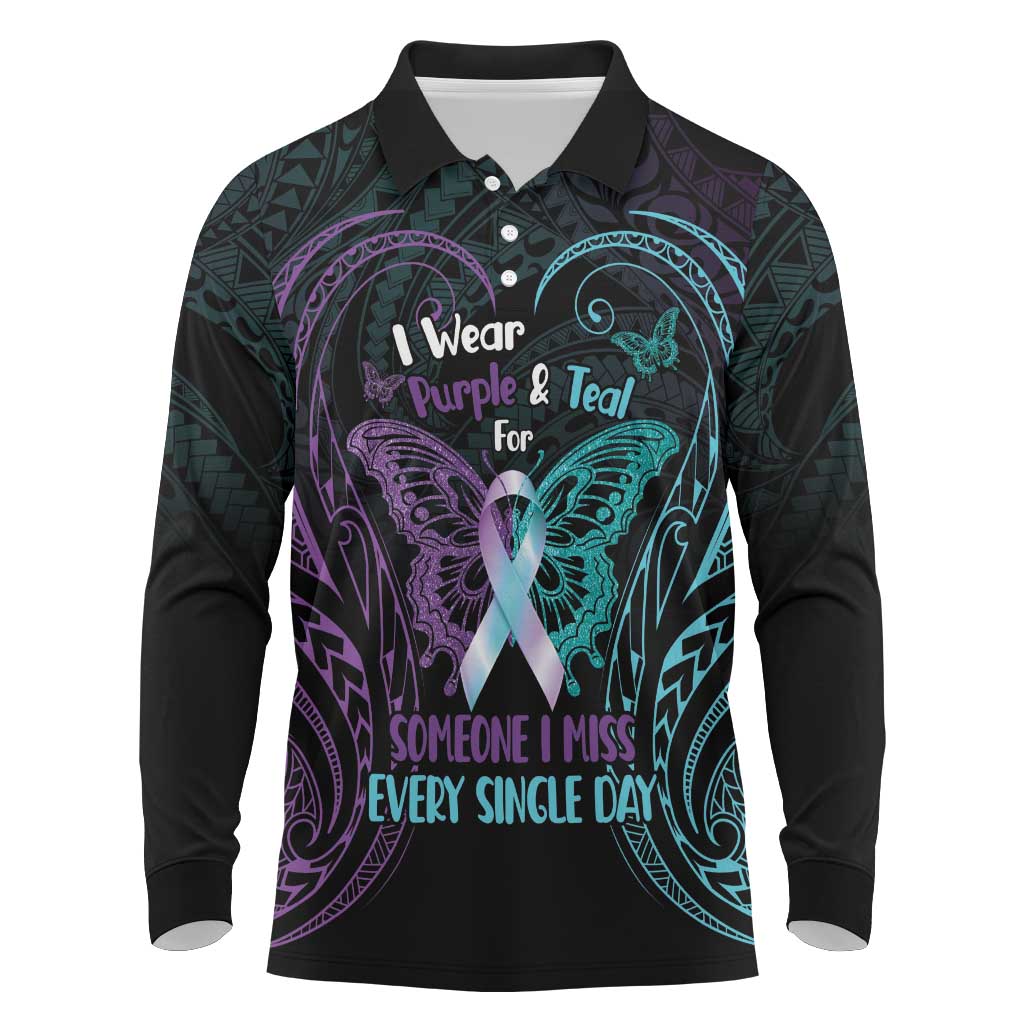 Suicide Awareness Memorial Long Sleeve Polo Shirt I Wear Purple and Teal For Someone I Miss LT14 Black - Polynesian Pride