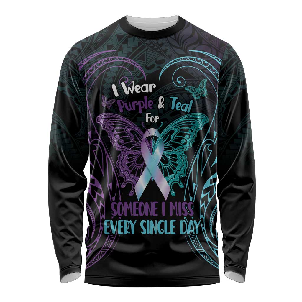 Suicide Awareness Memorial Long Sleeve Shirt I Wear Purple and Teal For Someone I Miss LT14 Unisex Black - Polynesian Pride