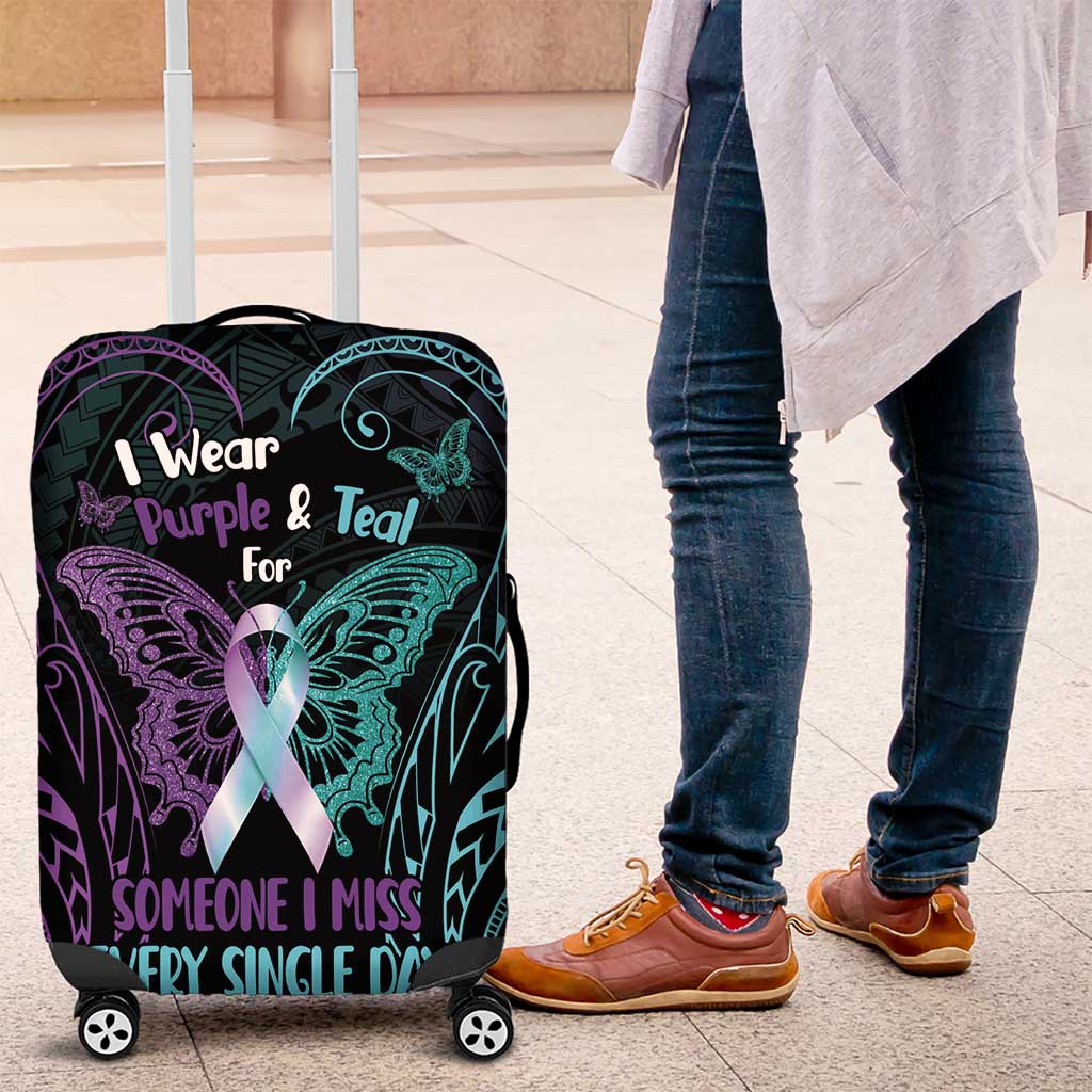 Suicide Awareness Memorial Luggage Cover I Wear Purple and Teal For Someone I Miss LT14 Black - Polynesian Pride