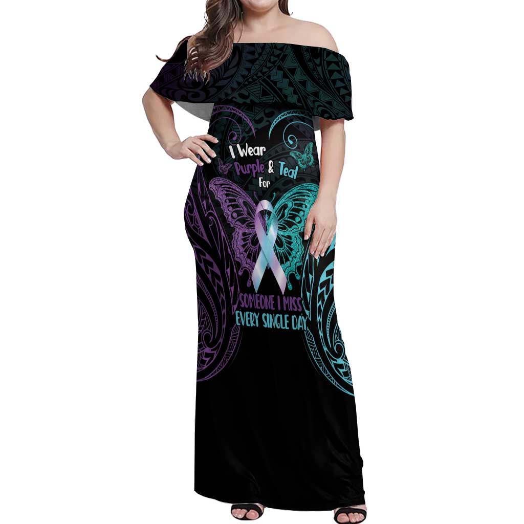 Suicide Awareness Memorial Off Shoulder Maxi Dress I Wear Purple and Teal For Someone I Miss LT14 Women Black - Polynesian Pride
