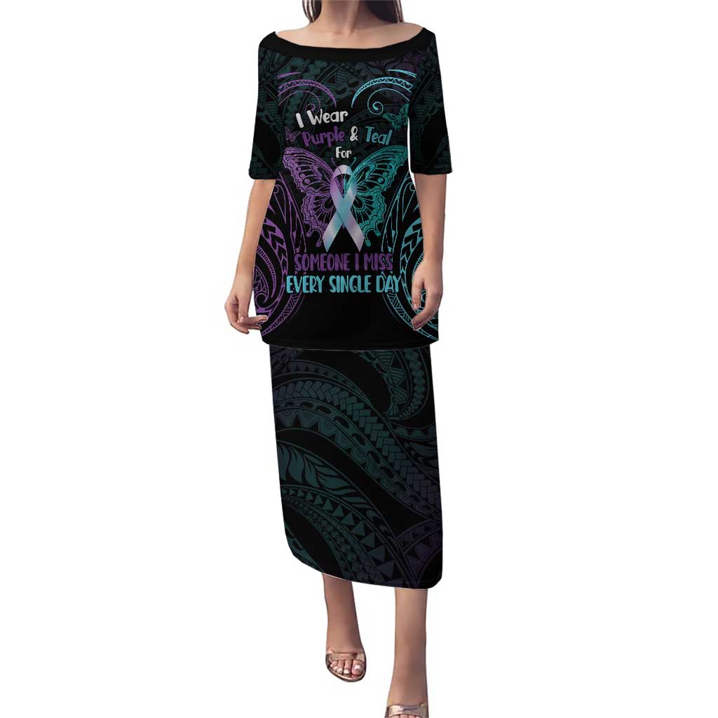 Suicide Awareness Memorial Puletasi I Wear Purple and Teal For Someone I Miss LT14 Long Dress Black - Polynesian Pride