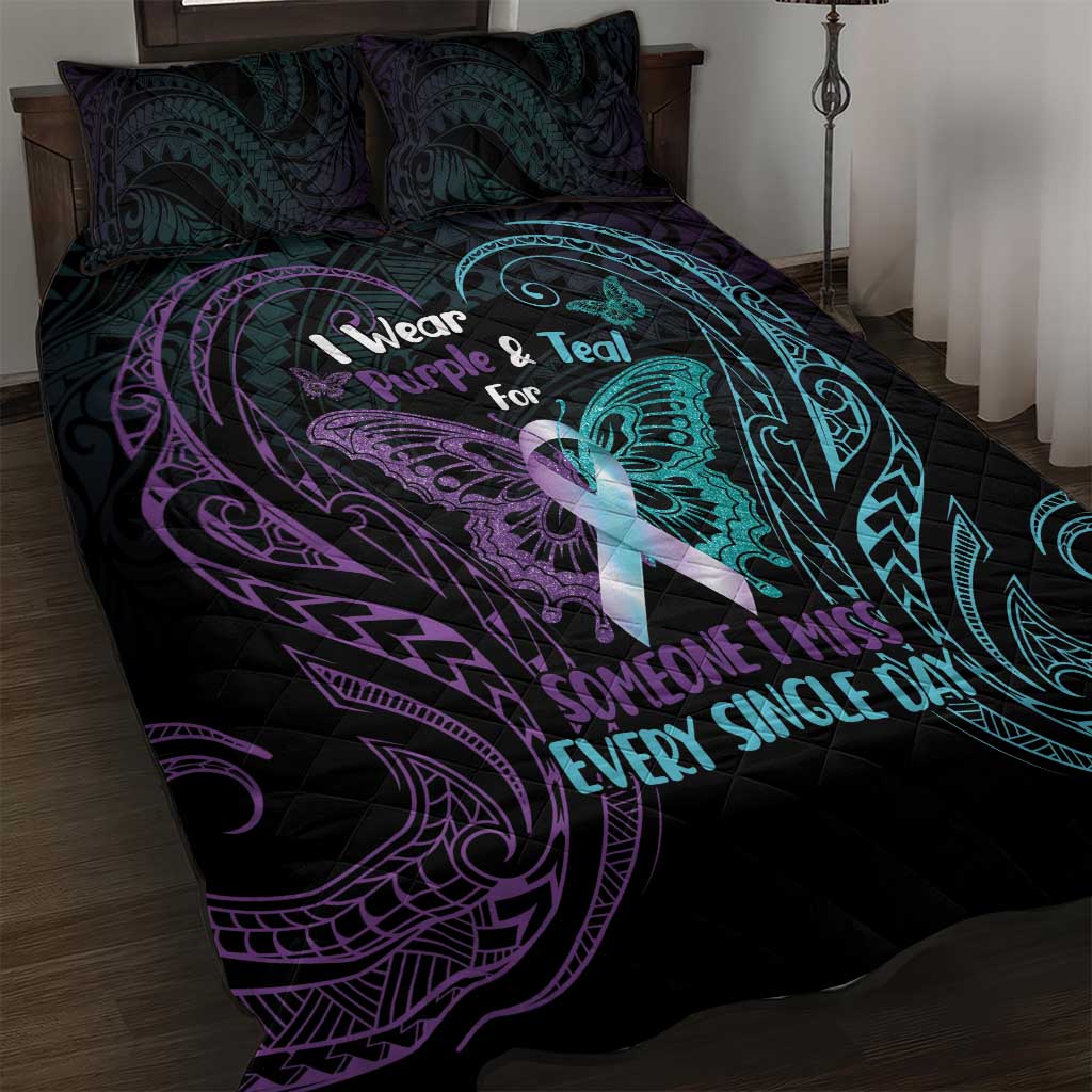 Suicide Awareness Memorial Quilt Bed Set I Wear Purple and Teal For Someone I Miss LT14 Black - Polynesian Pride