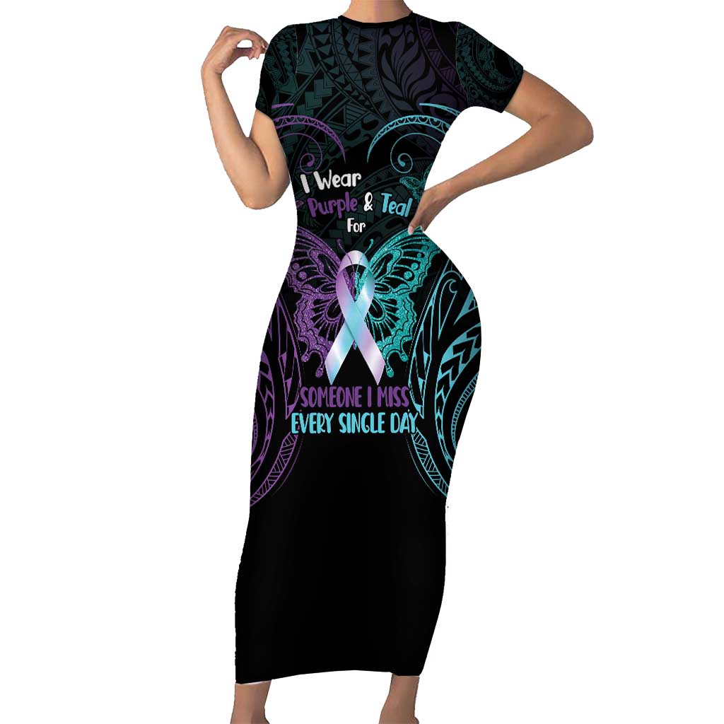 Suicide Awareness Memorial Short Sleeve Bodycon Dress I Wear Purple and Teal For Someone I Miss LT14 Long Dress Black - Polynesian Pride