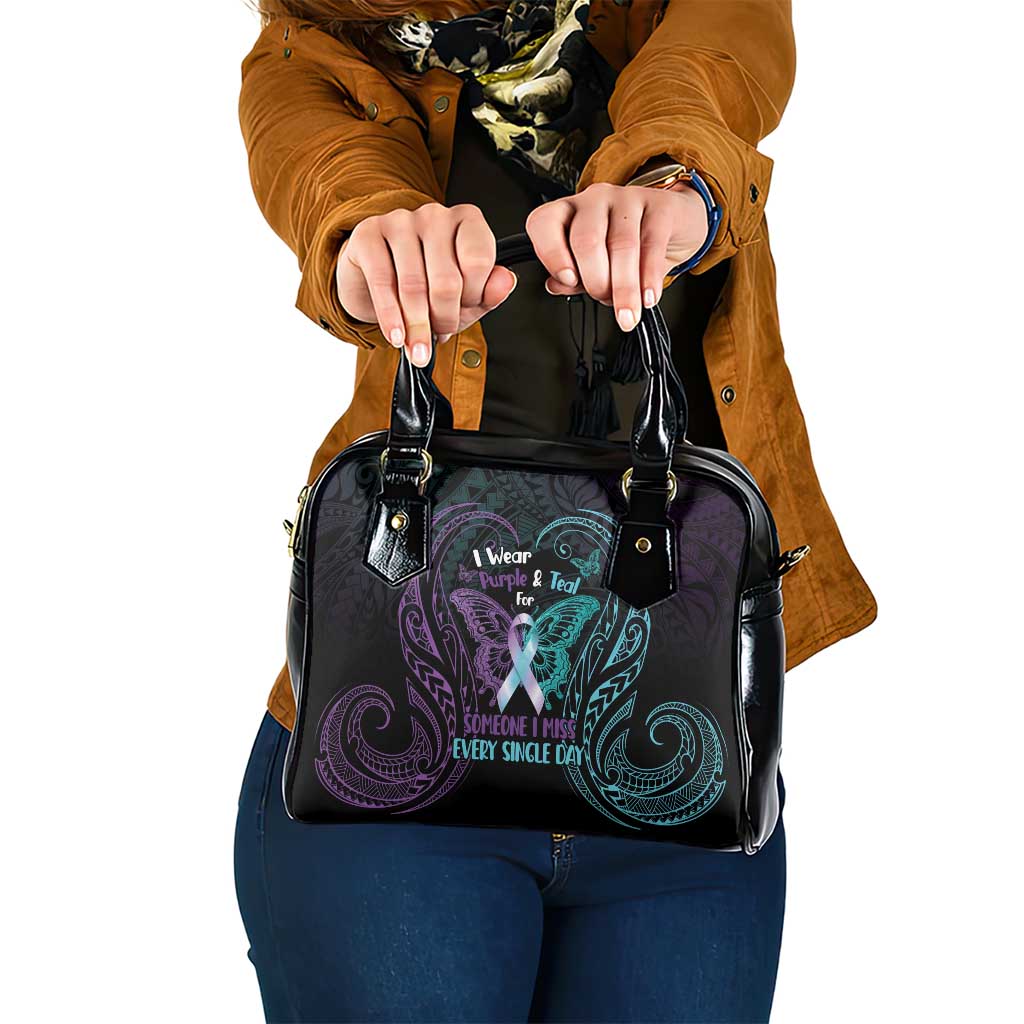 Suicide Awareness Memorial Shoulder Handbag I Wear Purple and Teal For Someone I Miss LT14 One Size Black - Polynesian Pride