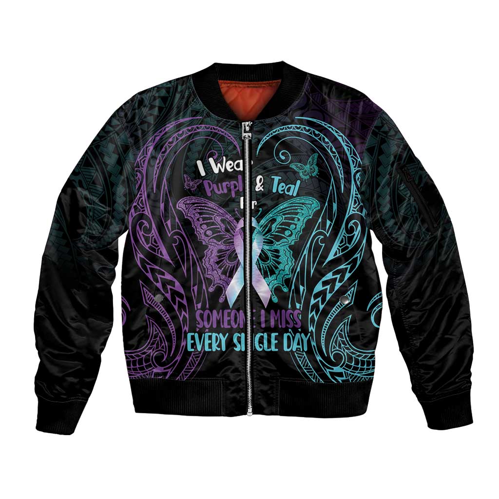 Suicide Awareness Memorial Sleeve Zip Bomber Jacket I Wear Purple and Teal For Someone I Miss LT14 Unisex Black - Polynesian Pride