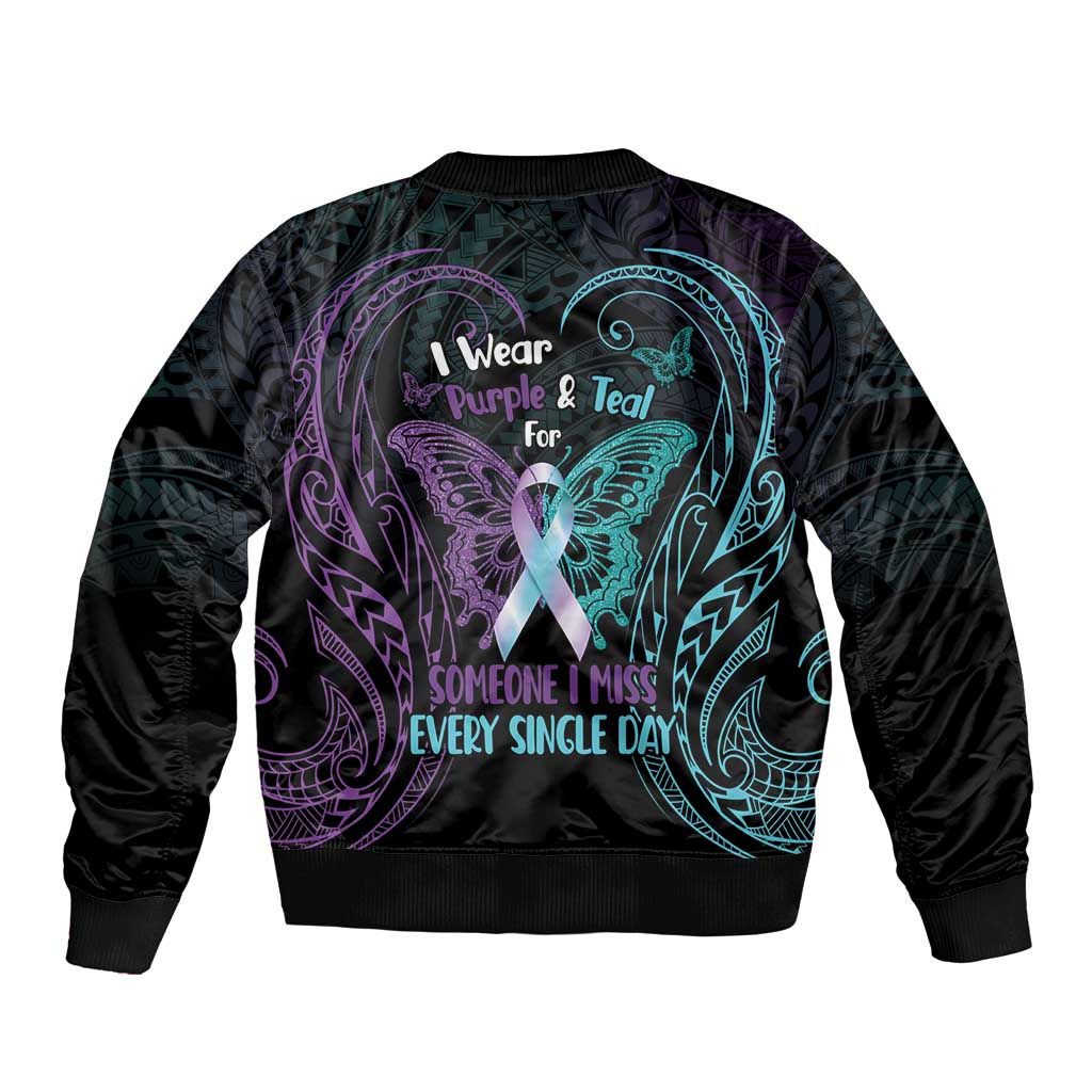 Suicide Awareness Memorial Sleeve Zip Bomber Jacket I Wear Purple and Teal For Someone I Miss LT14 - Polynesian Pride