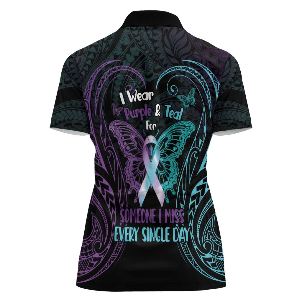 Suicide Awareness Memorial Women Polo Shirt I Wear Purple and Teal For Someone I Miss - Polynesian Pride