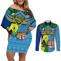 Custom Malampa Fiji Day Couples Matching Off Shoulder Short Dress and Long Sleeve Button Shirts Together We Grow Proud Polynesian Tapa Artsy LT14 Blue - Polynesian Pride