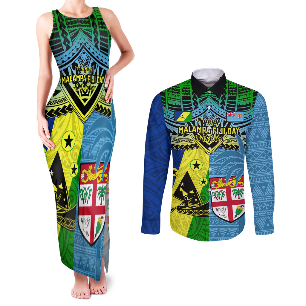 Custom Malampa Fiji Day Couples Matching Tank Maxi Dress and Long Sleeve Button Shirts Together We Grow Proud Polynesian Tapa Artsy LT14 Blue - Polynesian Pride