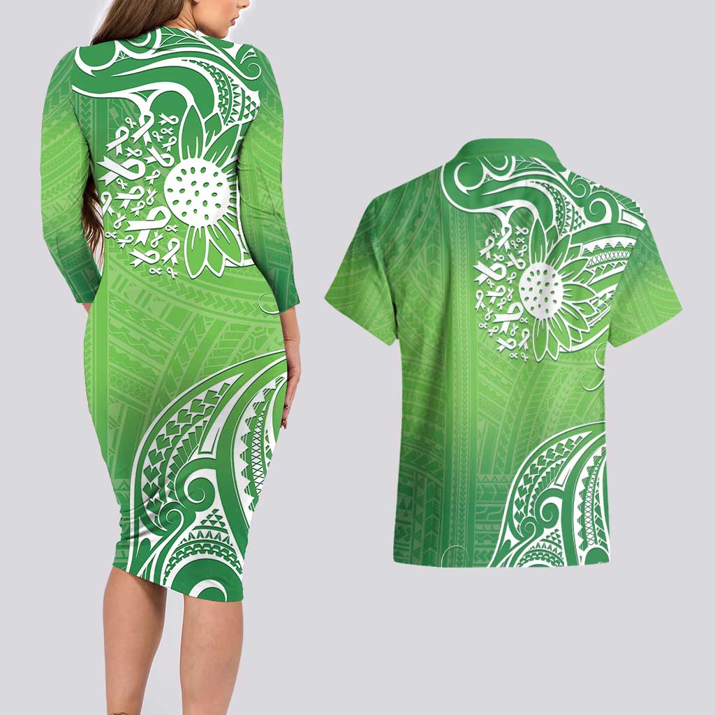 Polynesia Depression Awareness Couples Matching Long Sleeve Bodycon Dress and Hawaiian Shirt Sunflower Green Ribbons Polynesian Tattoo LT14 - Polynesian Pride