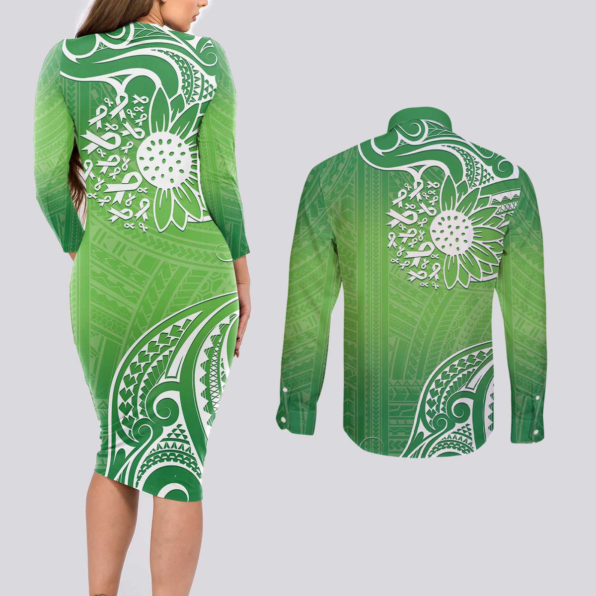 Polynesia Depression Awareness Couples Matching Long Sleeve Bodycon Dress and Long Sleeve Button Shirt Sunflower Green Ribbons Polynesian Tattoo LT14 - Polynesian Pride