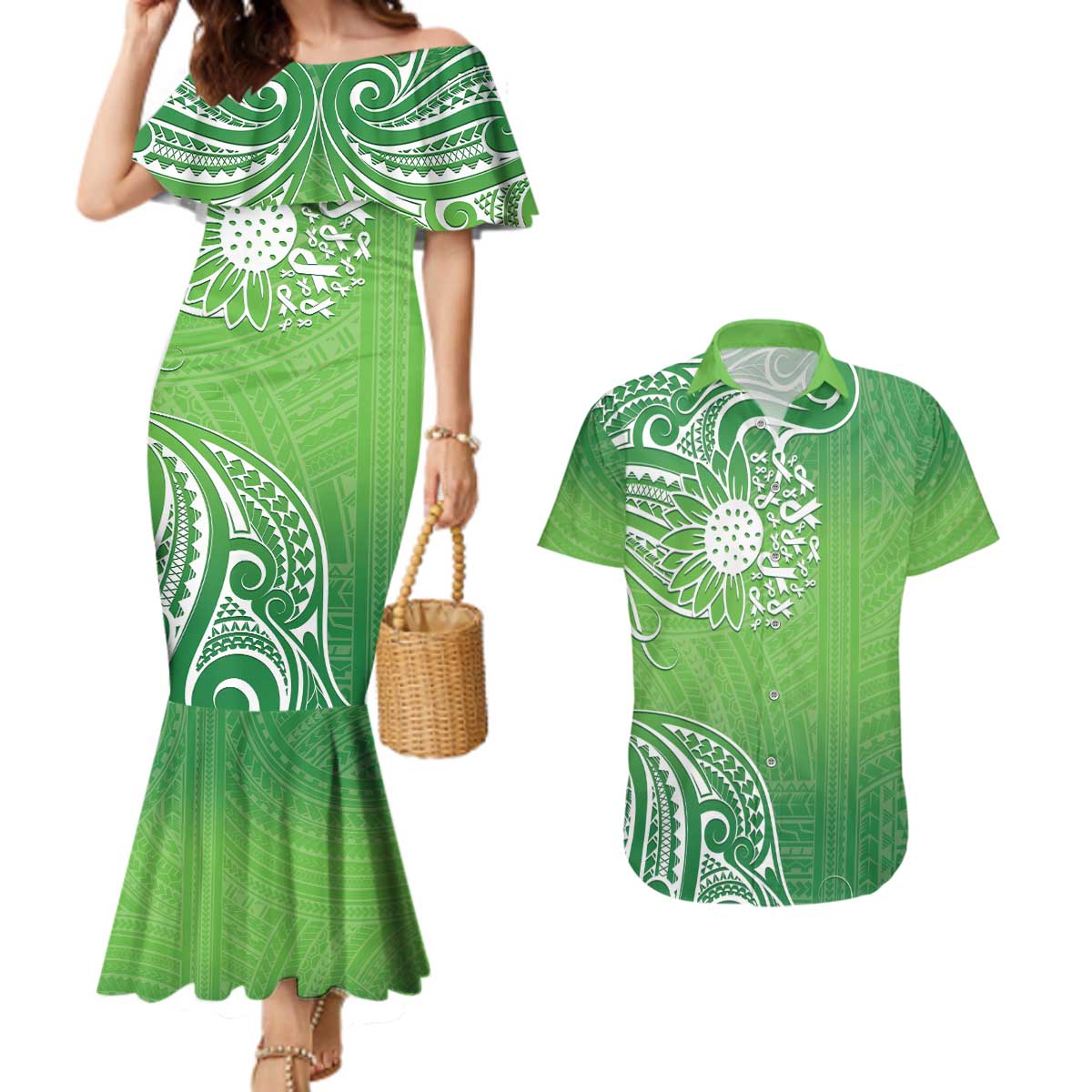 Polynesia Depression Awareness Couples Matching Mermaid Dress and Hawaiian Shirt Sunflower Green Ribbons Polynesian Tattoo LT14 Green - Polynesian Pride