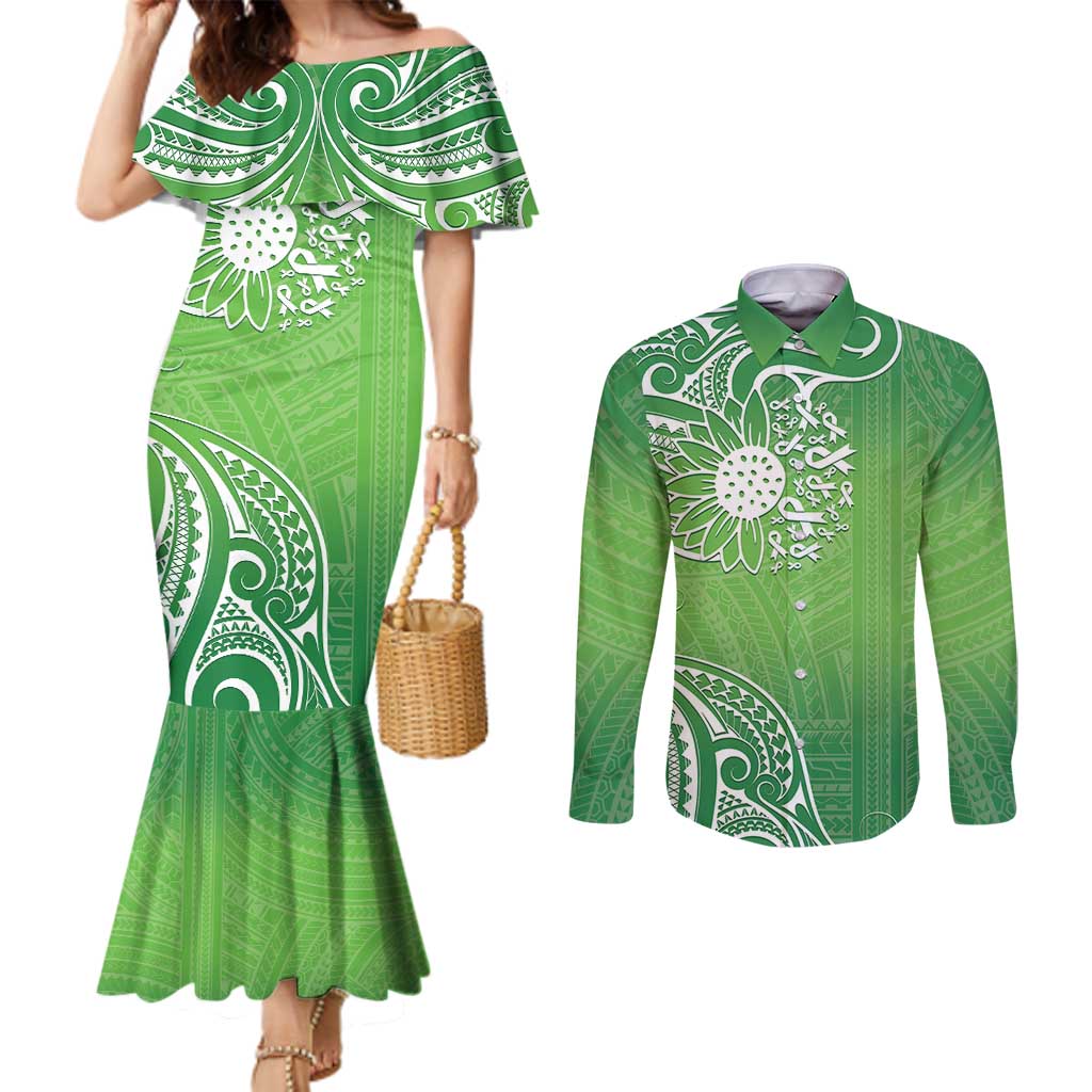 Polynesia Depression Awareness Couples Matching Mermaid Dress and Long Sleeve Button Shirt Sunflower Green Ribbons Polynesian Tattoo LT14 Green - Polynesian Pride