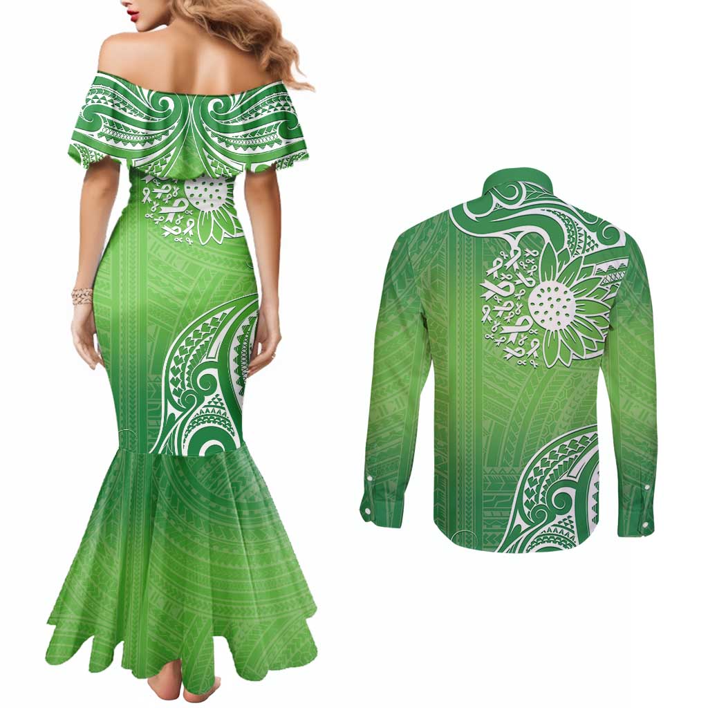 Polynesia Depression Awareness Couples Matching Mermaid Dress and Long Sleeve Button Shirt Sunflower Green Ribbons Polynesian Tattoo LT14 - Polynesian Pride