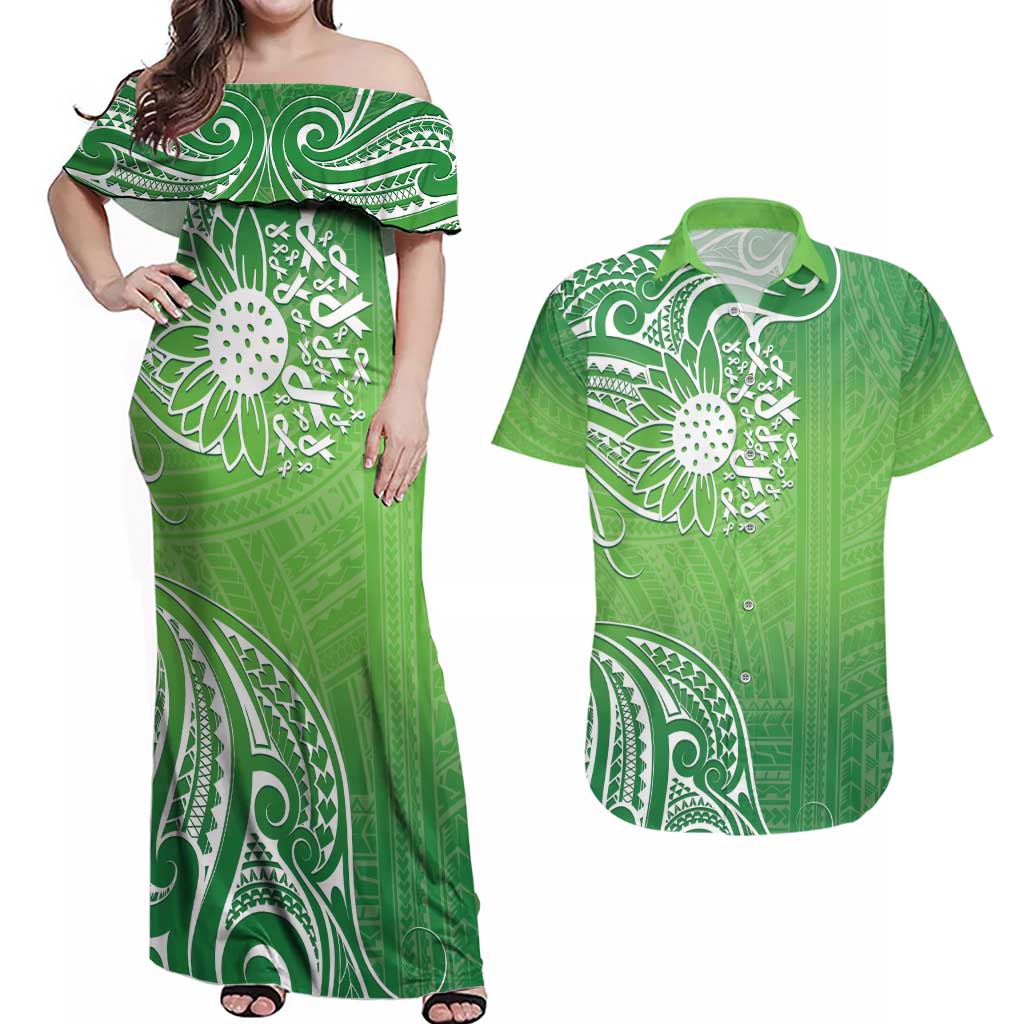 Polynesia Depression Awareness Couples Matching Off Shoulder Maxi Dress and Hawaiian Shirt Sunflower Green Ribbons Polynesian Tattoo LT14 Green - Polynesian Pride