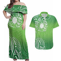 Polynesia Depression Awareness Couples Matching Off Shoulder Maxi Dress and Hawaiian Shirt Sunflower Green Ribbons Polynesian Tattoo LT14 Green - Polynesian Pride