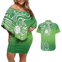 Polynesia Depression Awareness Couples Matching Off Shoulder Short Dress and Hawaiian Shirt Sunflower Green Ribbons Polynesian Tattoo LT14 Green - Polynesian Pride