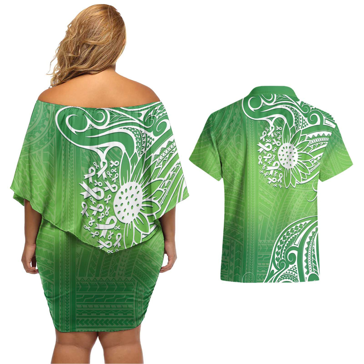 Polynesia Depression Awareness Couples Matching Off Shoulder Short Dress and Hawaiian Shirt Sunflower Green Ribbons Polynesian Tattoo LT14 - Polynesian Pride