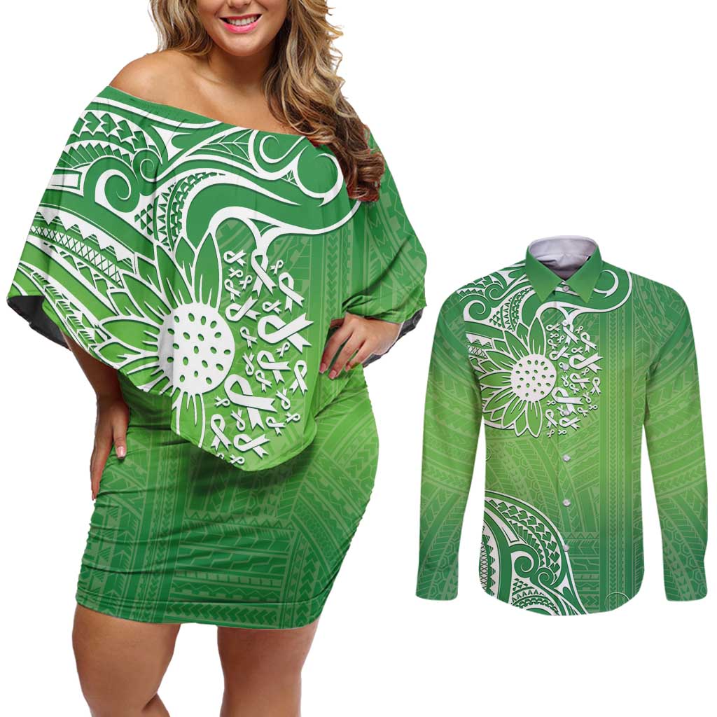 Polynesia Depression Awareness Couples Matching Off Shoulder Short Dress and Long Sleeve Button Shirt Sunflower Green Ribbons Polynesian Tattoo LT14 Green - Polynesian Pride