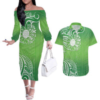 Polynesia Depression Awareness Couples Matching Off The Shoulder Long Sleeve Dress and Hawaiian Shirt Sunflower Green Ribbons Polynesian Tattoo LT14 Green - Polynesian Pride