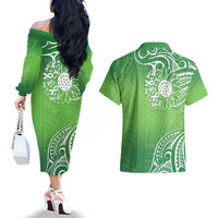 Polynesia Depression Awareness Couples Matching Off The Shoulder Long Sleeve Dress and Hawaiian Shirt Sunflower Green Ribbons Polynesian Tattoo LT14 - Polynesian Pride