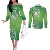 Polynesia Depression Awareness Couples Matching Off The Shoulder Long Sleeve Dress and Long Sleeve Button Shirt Sunflower Green Ribbons Polynesian Tattoo LT14 Green - Polynesian Pride