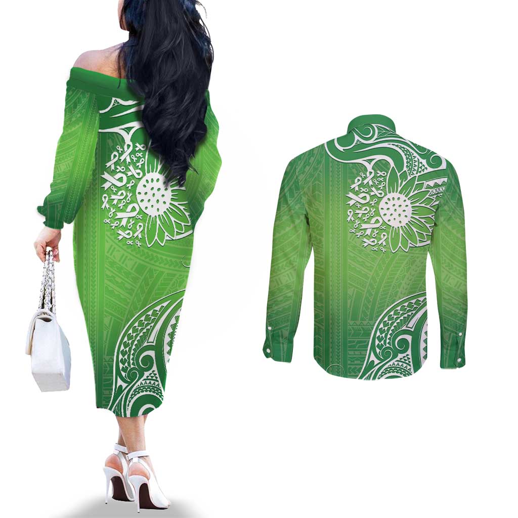 Polynesia Depression Awareness Couples Matching Off The Shoulder Long Sleeve Dress and Long Sleeve Button Shirt Sunflower Green Ribbons Polynesian Tattoo LT14 - Polynesian Pride