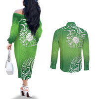 Polynesia Depression Awareness Couples Matching Off The Shoulder Long Sleeve Dress and Long Sleeve Button Shirt Sunflower Green Ribbons Polynesian Tattoo LT14 - Polynesian Pride
