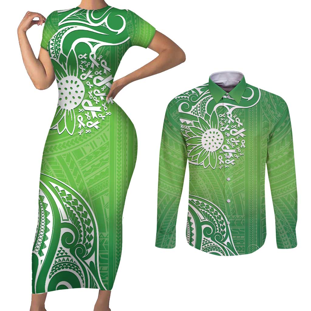 Polynesia Depression Awareness Couples Matching Short Sleeve Bodycon Dress and Long Sleeve Button Shirt Sunflower Green Ribbons Polynesian Tattoo LT14 Green - Polynesian Pride