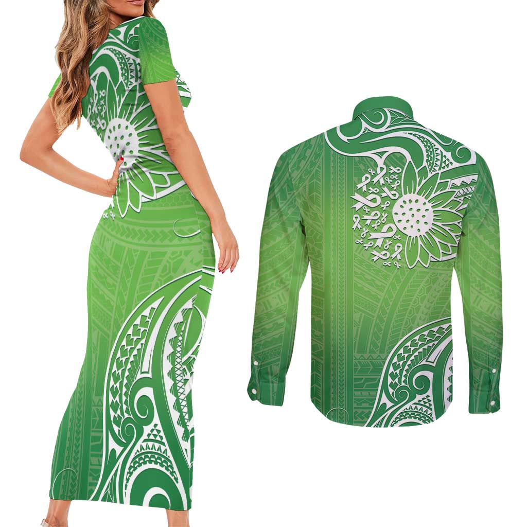 Polynesia Depression Awareness Couples Matching Short Sleeve Bodycon Dress and Long Sleeve Button Shirt Sunflower Green Ribbons Polynesian Tattoo LT14 - Polynesian Pride