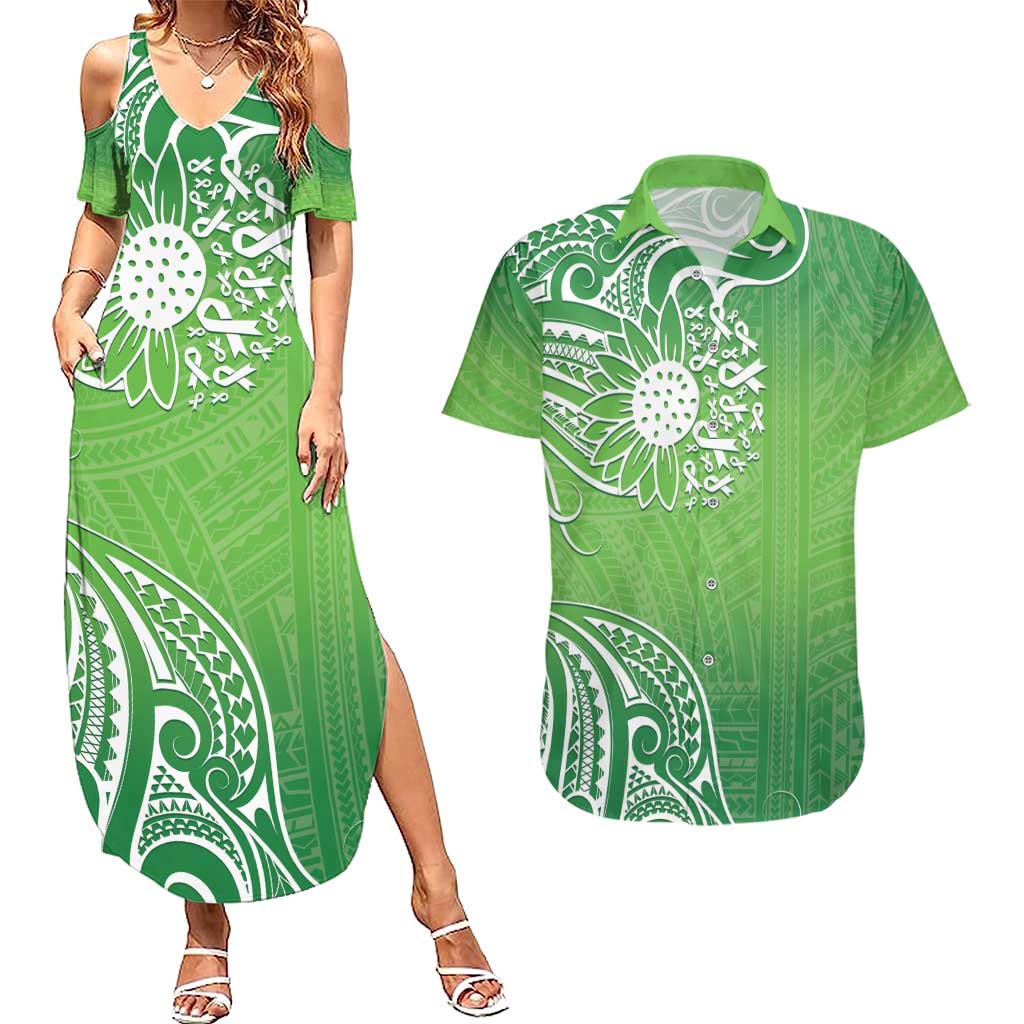 Polynesia Depression Awareness Couples Matching Summer Maxi Dress and Hawaiian Shirt Sunflower Green Ribbons Polynesian Tattoo LT14 Green - Polynesian Pride