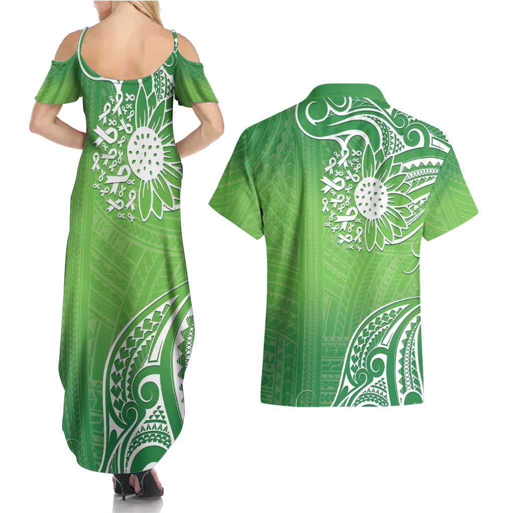 Polynesia Depression Awareness Couples Matching Summer Maxi Dress and Hawaiian Shirt Sunflower Green Ribbons Polynesian Tattoo LT14 - Polynesian Pride
