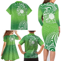 Polynesia Depression Awareness Family Matching Long Sleeve Bodycon Dress and Hawaiian Shirt Sunflower Green Ribbons Polynesian Tattoo LT14 - Polynesian Pride