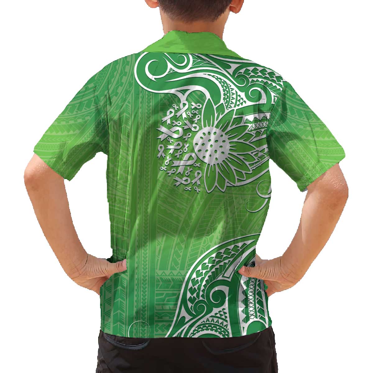 Polynesia Depression Awareness Family Matching Off The Shoulder Long Sleeve Dress and Hawaiian Shirt Sunflower Green Ribbons Polynesian Tattoo LT14 - Polynesian Pride