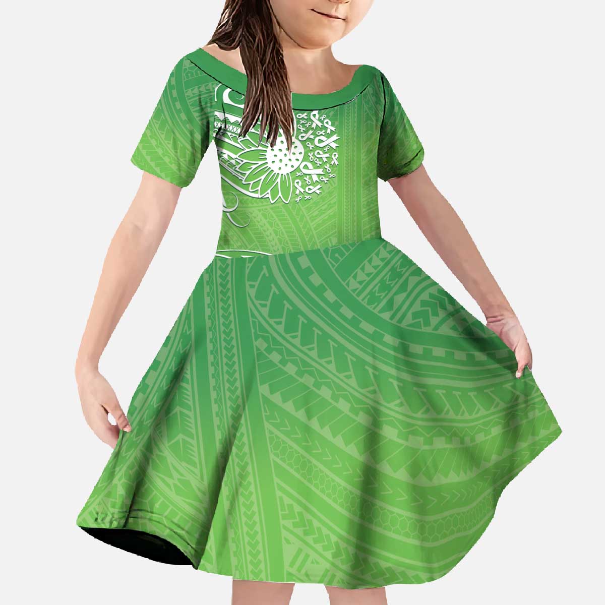 Polynesia Depression Awareness Family Matching Off The Shoulder Long Sleeve Dress and Hawaiian Shirt Sunflower Green Ribbons Polynesian Tattoo LT14 Daughter's Dress Green - Polynesian Pride