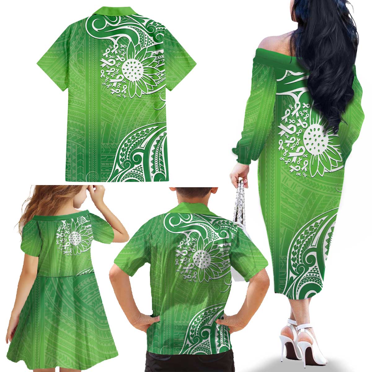 Polynesia Depression Awareness Family Matching Off The Shoulder Long Sleeve Dress and Hawaiian Shirt Sunflower Green Ribbons Polynesian Tattoo LT14 - Polynesian Pride