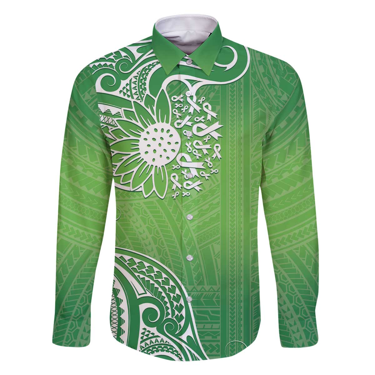Polynesia Depression Awareness Family Matching Off The Shoulder Long Sleeve Dress and Hawaiian Shirt Sunflower Green Ribbons Polynesian Tattoo LT14 Dad's Shirt - Long Sleeve Green - Polynesian Pride