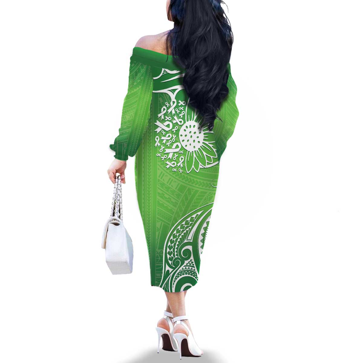 Polynesia Depression Awareness Family Matching Off The Shoulder Long Sleeve Dress and Hawaiian Shirt Sunflower Green Ribbons Polynesian Tattoo LT14 - Polynesian Pride