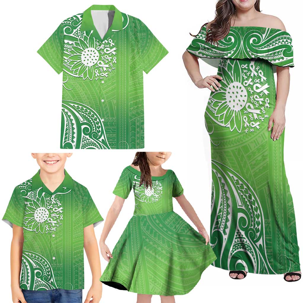 Polynesia Depression Awareness Family Matching Off Shoulder Maxi Dress and Hawaiian Shirt Sunflower Green Ribbons Polynesian Tattoo LT14 - Polynesian Pride