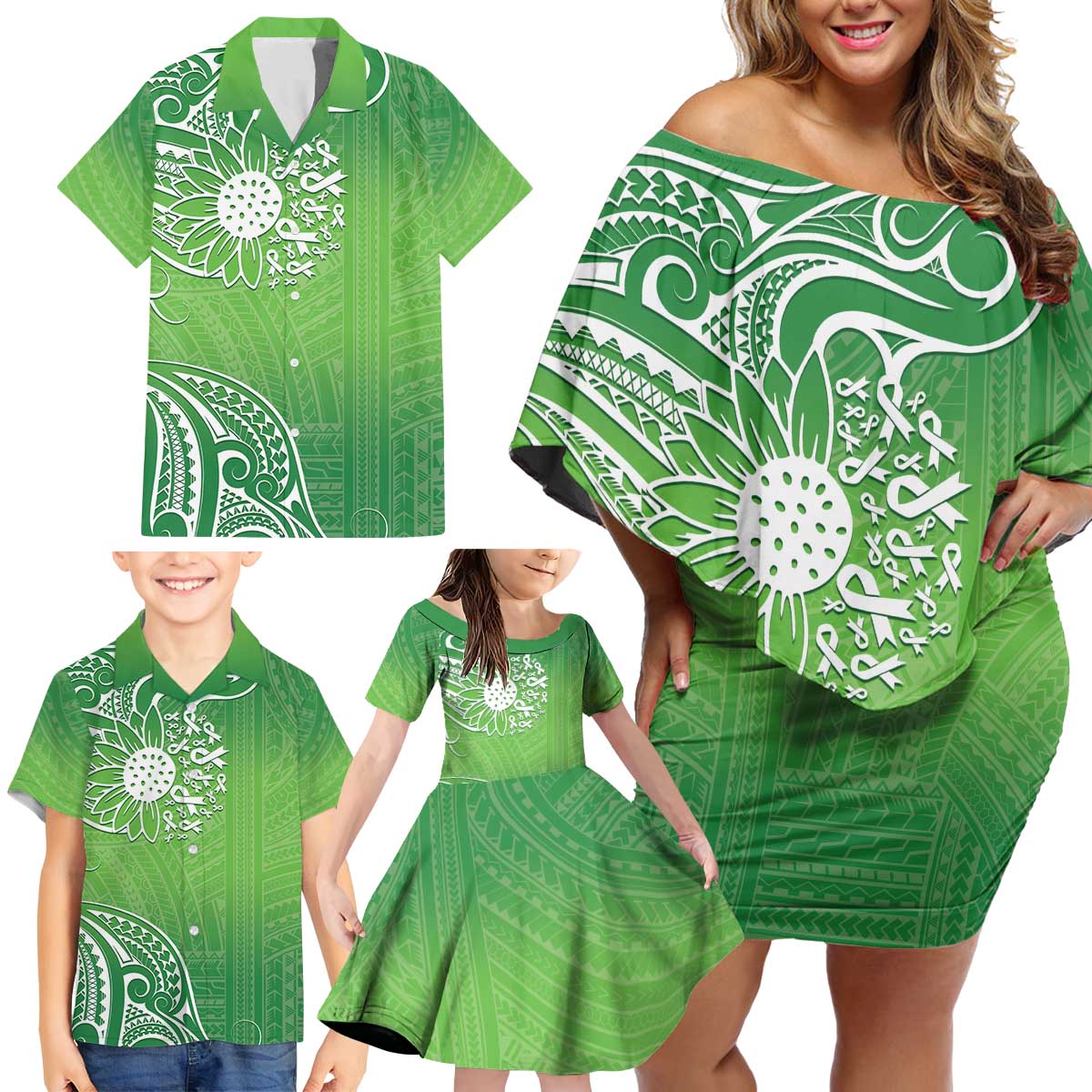 Polynesia Depression Awareness Family Matching Off Shoulder Short Dress and Hawaiian Shirt Sunflower Green Ribbons Polynesian Tattoo LT14 - Polynesian Pride