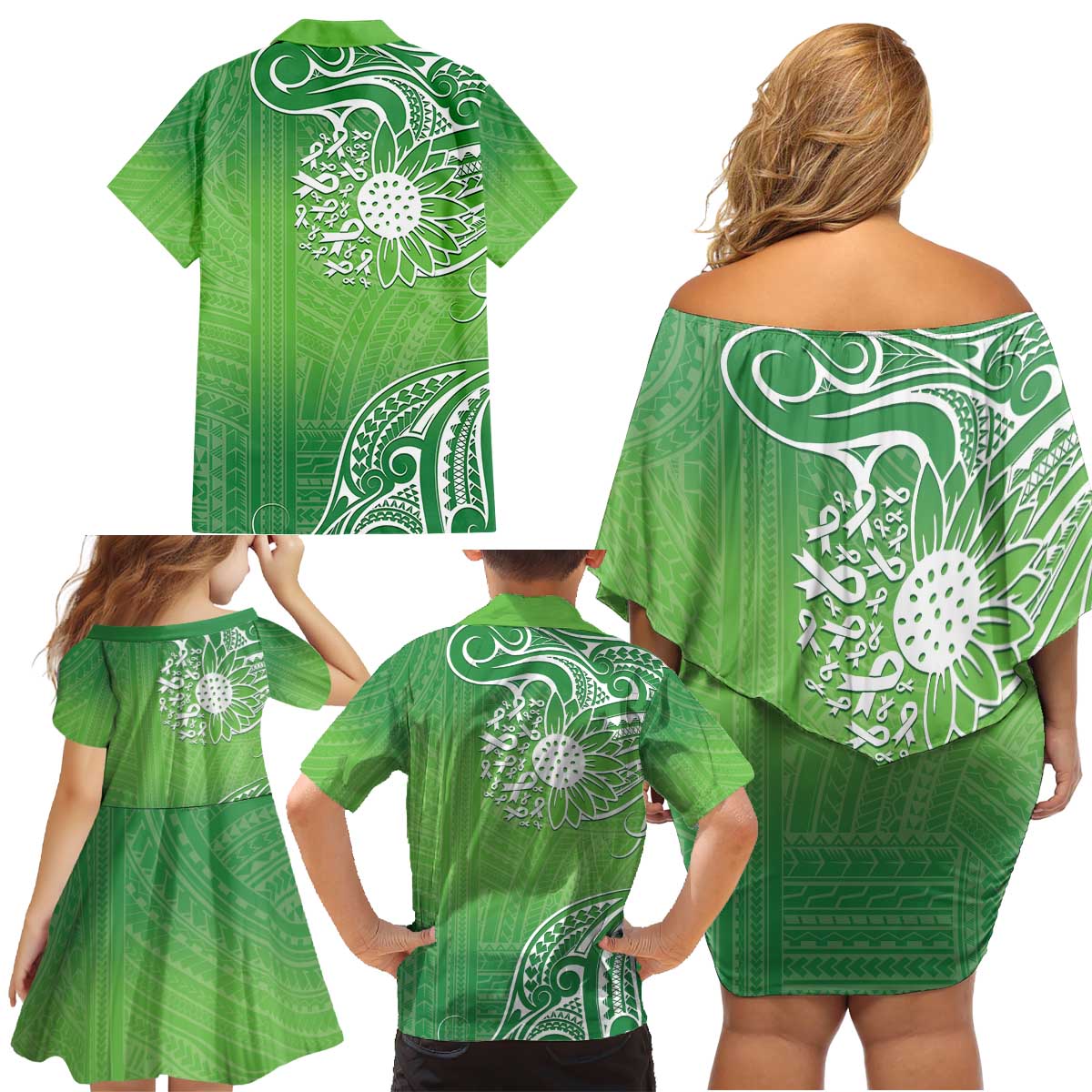 Polynesia Depression Awareness Family Matching Off Shoulder Short Dress and Hawaiian Shirt Sunflower Green Ribbons Polynesian Tattoo LT14 - Polynesian Pride