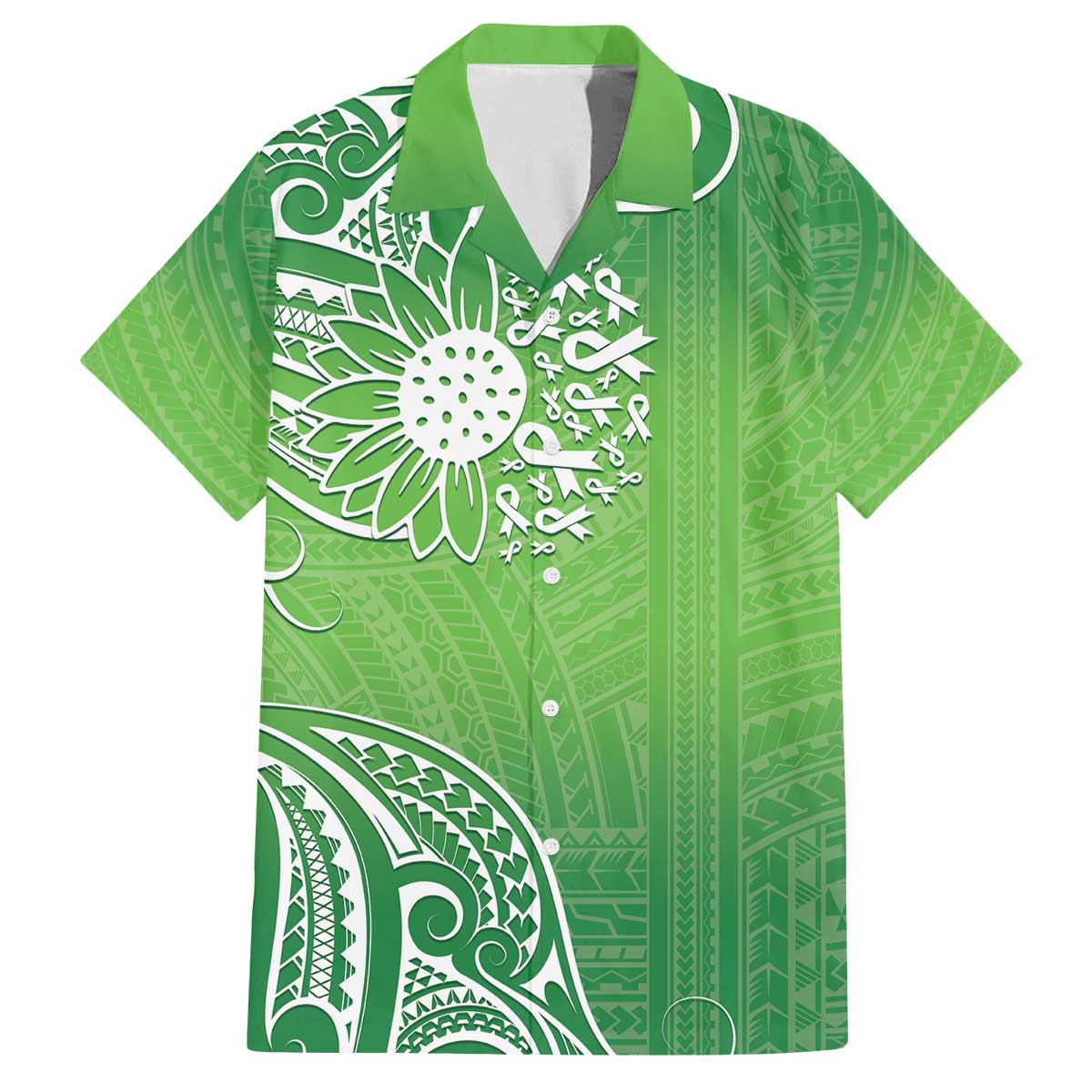 Polynesia Depression Awareness Family Matching Off Shoulder Short Dress and Hawaiian Shirt Sunflower Green Ribbons Polynesian Tattoo LT14 Dad's Shirt - Short Sleeve Green - Polynesian Pride
