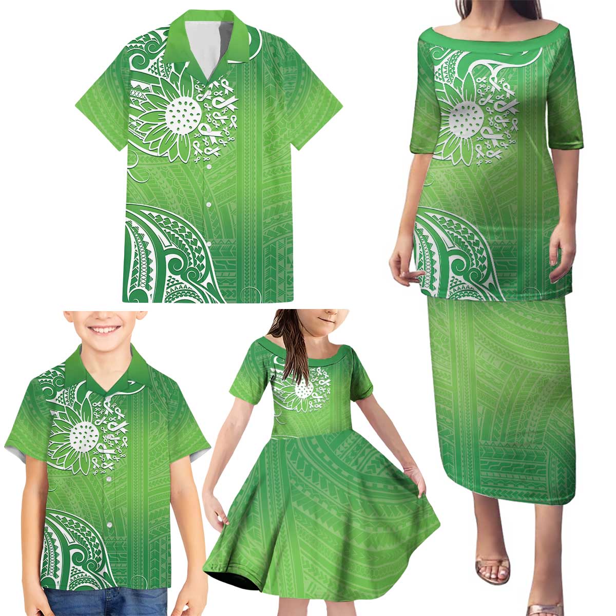 Polynesia Depression Awareness Family Matching Puletasi and Hawaiian Shirt Sunflower Green Ribbons Polynesian Tattoo LT14 - Polynesian Pride