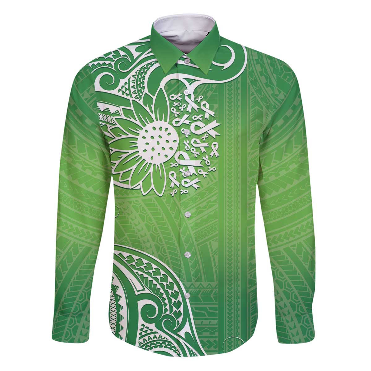 Polynesia Depression Awareness Family Matching Puletasi and Hawaiian Shirt Sunflower Green Ribbons Polynesian Tattoo LT14 Dad's Shirt - Long Sleeve Green - Polynesian Pride
