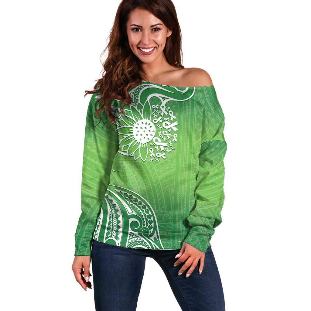 Polynesia Depression Awareness Off Shoulder Sweater Sunflower Green Ribbons Polynesian Tattoo LT14 Women Green - Polynesian Pride