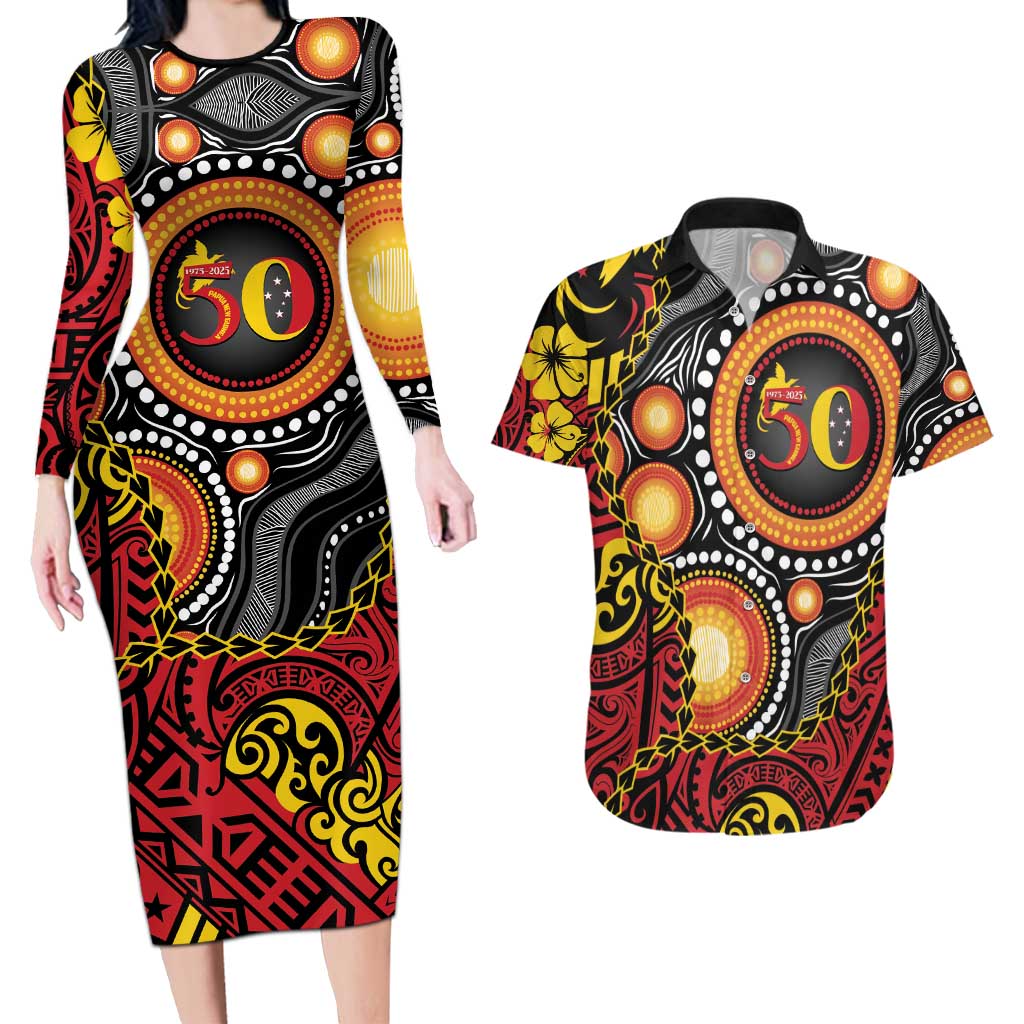 Celebrating 50 Years Papua New Guinea Couples Matching Long Sleeve Bodycon Dress and Hawaiian Shirt Aboriginal Mix Papuan Pattern LT14 Red - Polynesian Pride