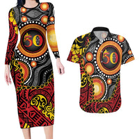 Celebrating 50 Years Papua New Guinea Couples Matching Long Sleeve Bodycon Dress and Hawaiian Shirt Aboriginal Mix Papuan Pattern LT14 Red - Polynesian Pride